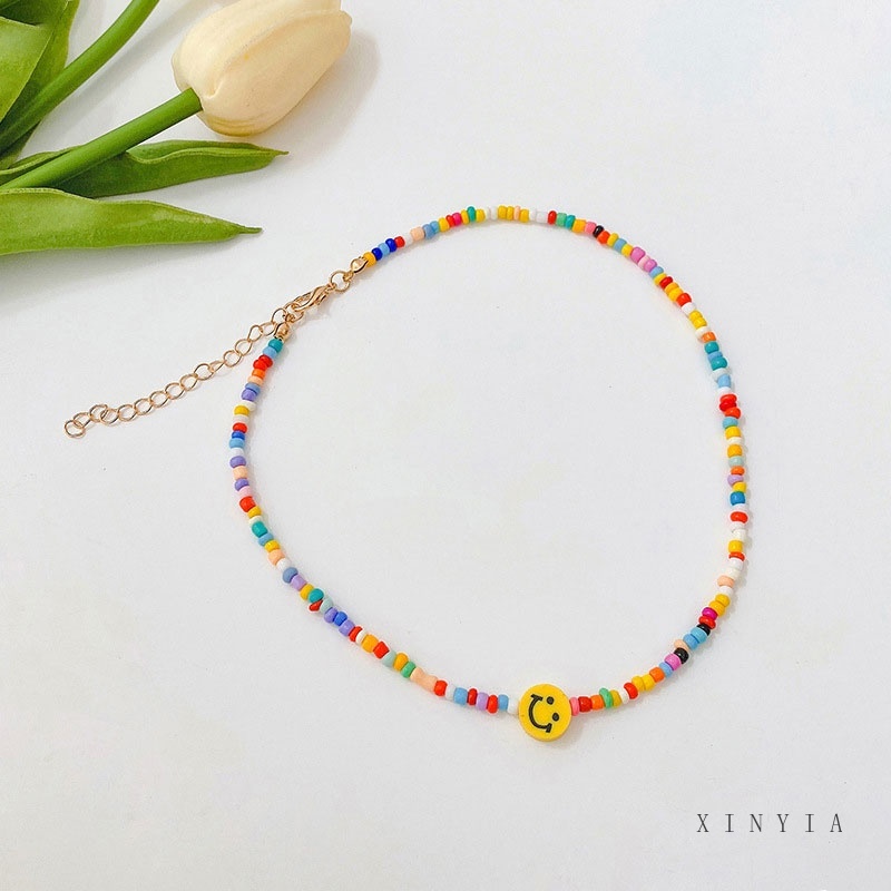 Fashion Smile Retro Bohemian Short Colorful Rice Beads Popular Necklace Ladies Accessories