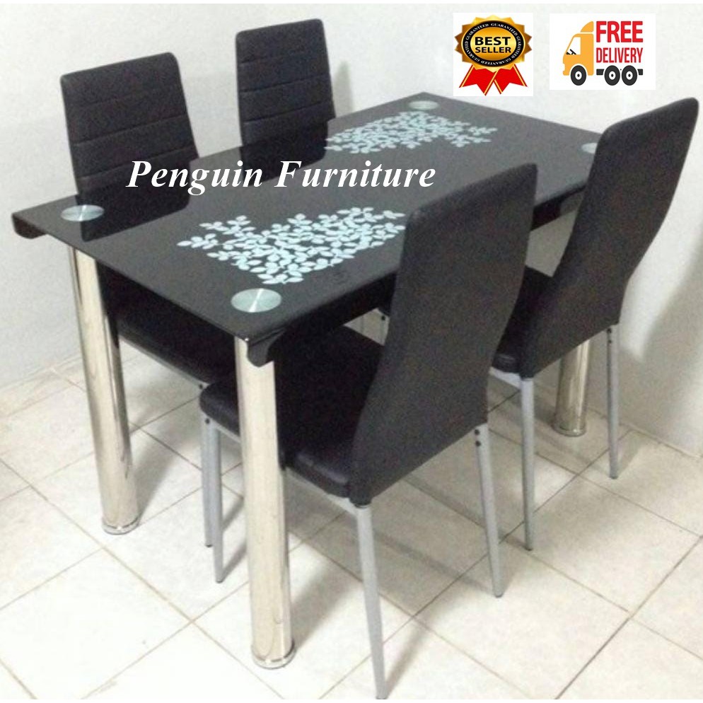 meja makan minimalis motif marmer kaca tempred 4 kursi/importa