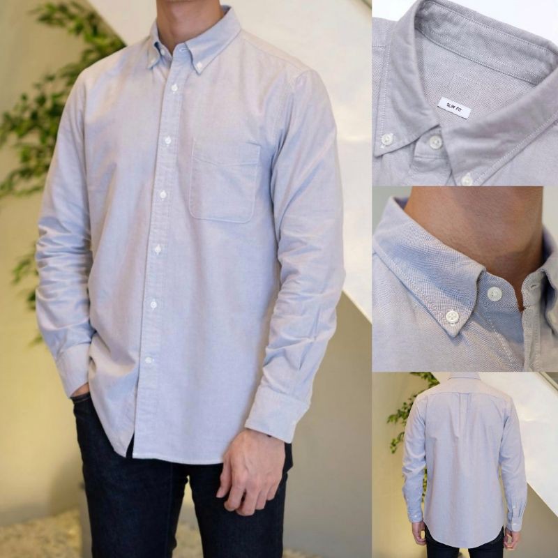Kemeja UNIQLO Kasual Panjang Oxford Pria Original Grey