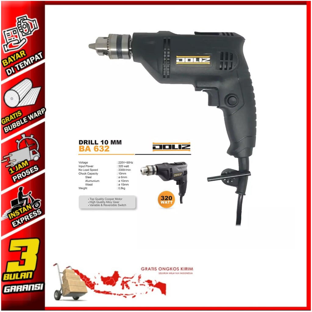 DOLIZ BOR 10MM BA632 MESIN BOR 10MM BOR LISTRIK BODY KECIL RINGAN Doliz Bor Kayu Baja Ringan Besi