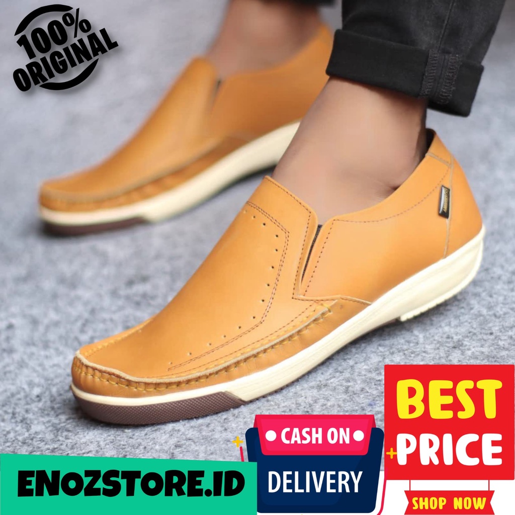 ENOZSTORE - Sepatu Pantofel Kasual Pria Kulit Asli Original Keren Bagus Slip On Casual Kerja Cowo Slop Kulit Ringan Nyaman Kuat Laki