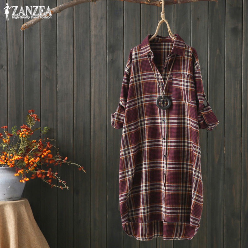 ZANZEA Women Plaid Casual Button Down Plus Size Loose Blouse