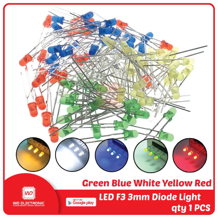 LED 3mm 3 mm F3 LED Hijau Biru Putih Kuning Merah LED Red Yellow Blue