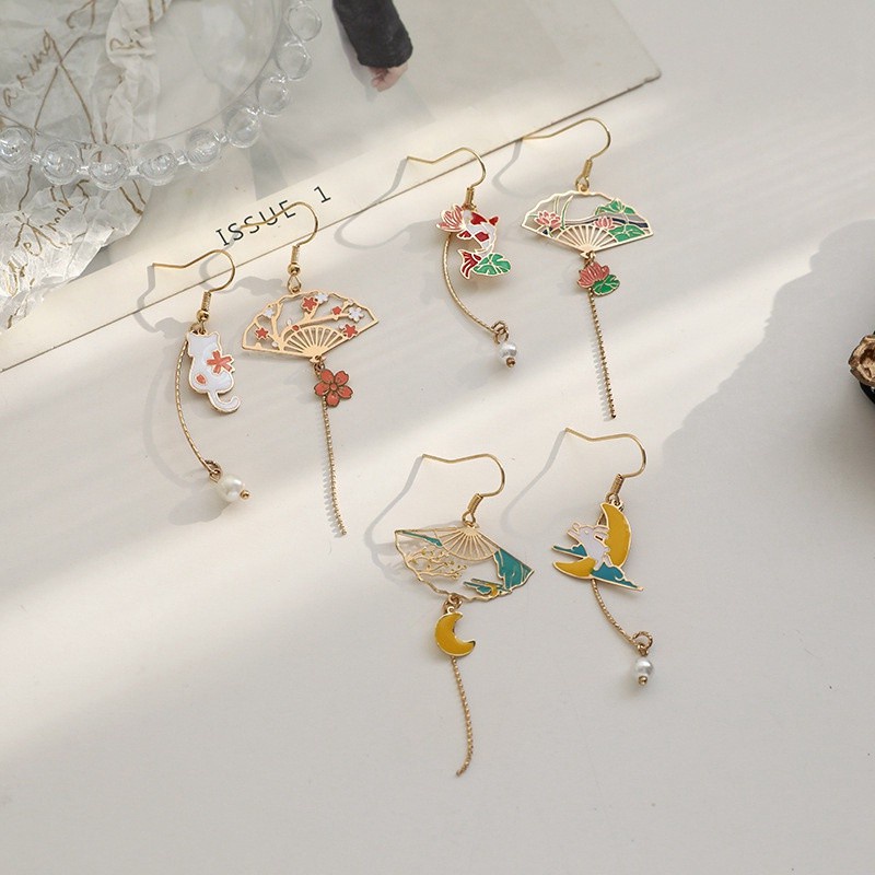 Chinese Style Folding Fan Modeling Crane Cloud Hanging Dangle National Style Earrings For Women Hollow Asymmetric Metal Jewelry|Drop Earrings