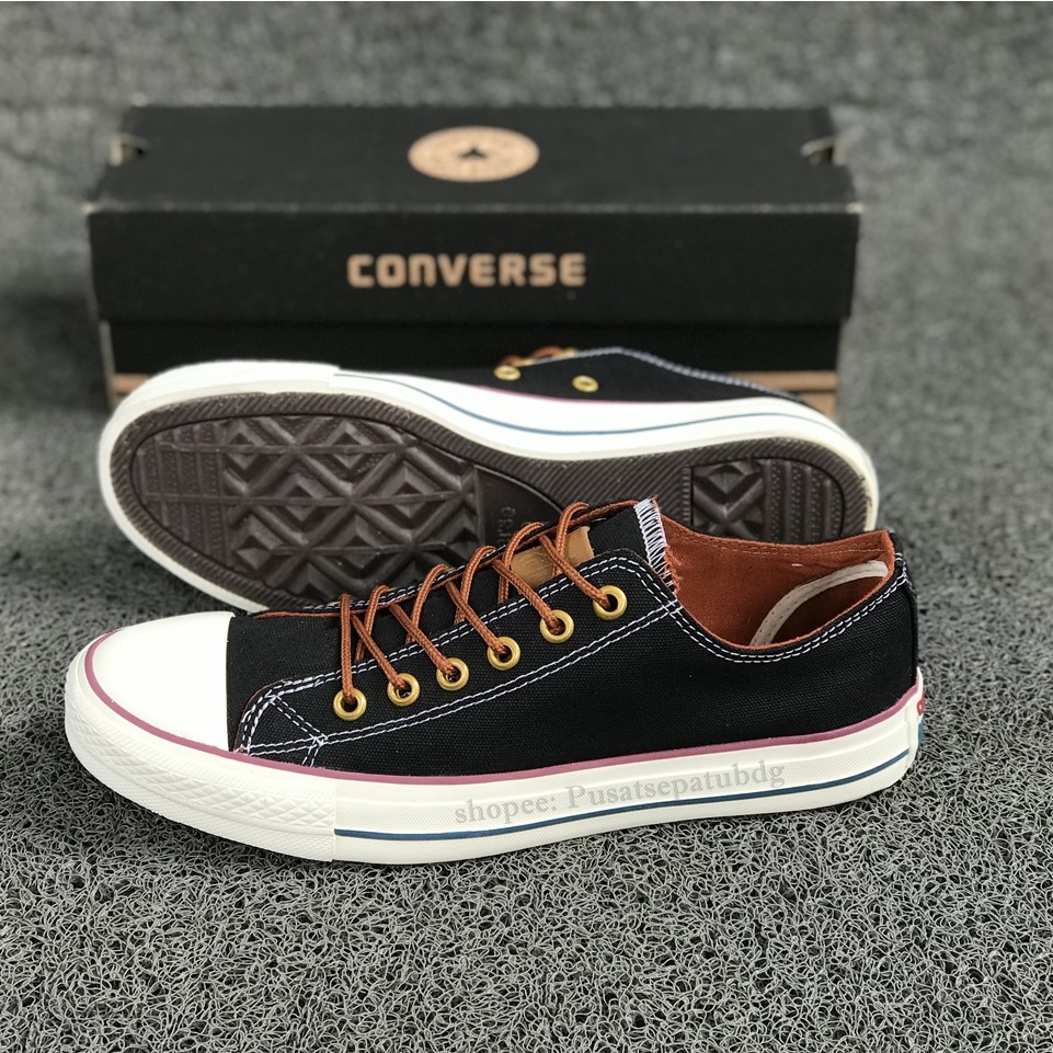 (BAYAR DITEMPAT) Converse Premium Tali Tan Low Black White