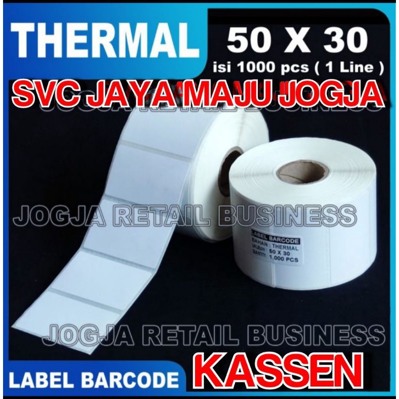 

[ KASSEN ] 50 X 30 - 1 LINE THERMAL - FACE OUT - ISI 1.000 PCS || CORE 1" || LABEL BARCODE DIRECT THERMAL - APOTEK APOTIK LAB LABORATORIUM RESEP OBAT KLINIK RUMAH SAKIT || 50X30 - DT360 DT 360 DT641 DT 641 DT640BT DT640 BT - ISI 1000