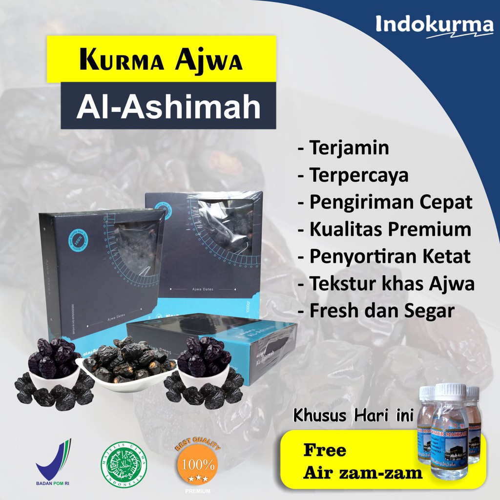 

Kurma Ajwa Al-Ashimah Kualitas Premium Fresh Hasil Panen Terbaru Gratis Air Zam-zam 1kg