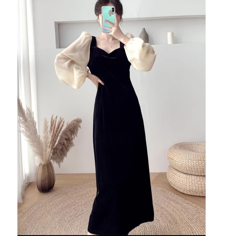 Dress Hitam Import Enzisme hitam Korean Dress Lengan Panjang Black Dress Pesta Kondangan Korean Styl