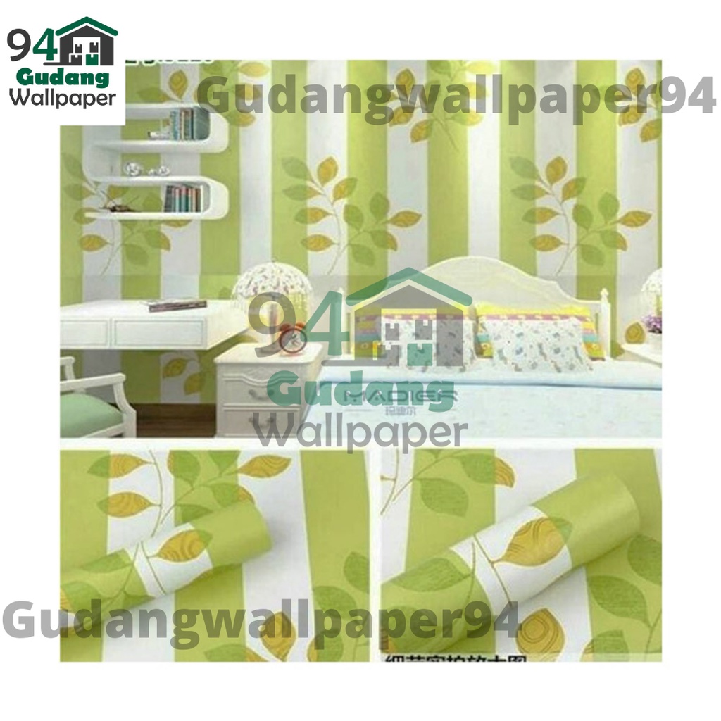 (COD) Gudang Wallpaper Sticker Dinding kamar Anti Air Murah Dan Terbaik Motif Salur Daun Hijau Bahan PVC Premium (SUDAH ADA LEM)