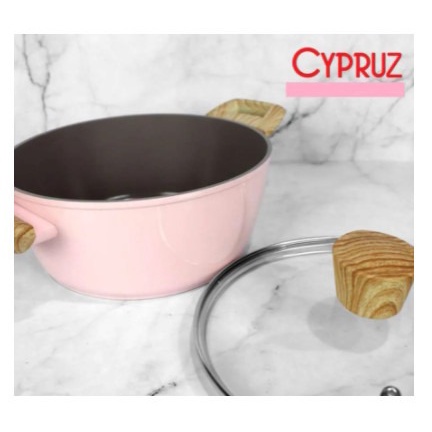 Cypruz PI-0801 Pink Ceramic Casserole Panci Tutup Kaca 24 cm Induksi