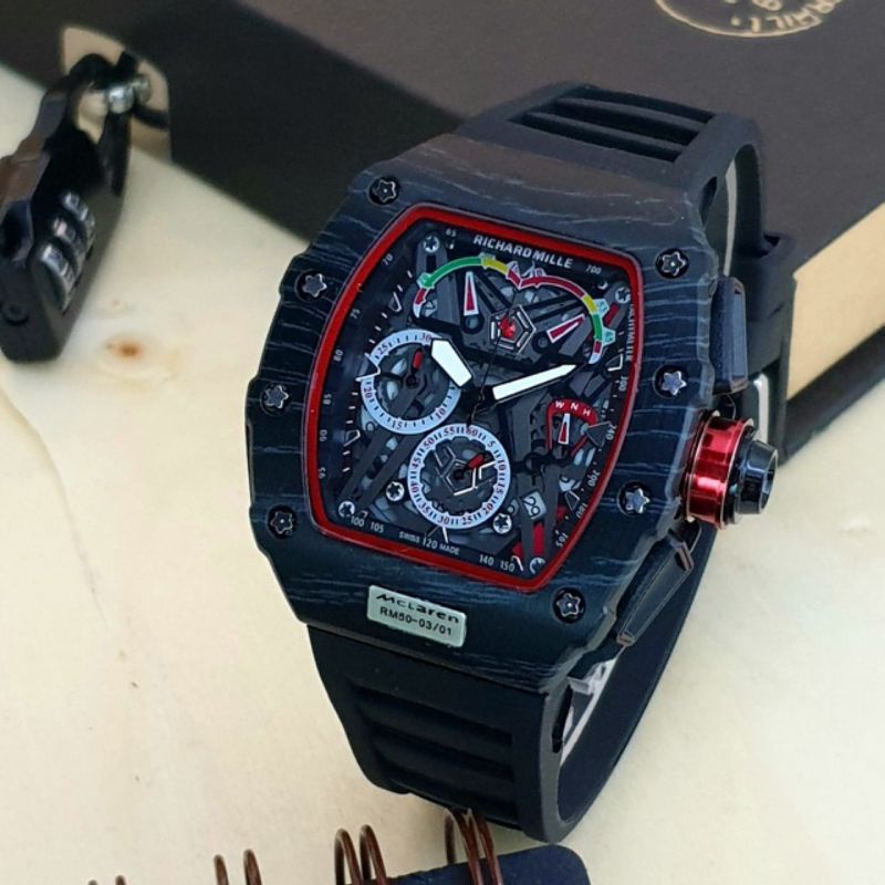 Jam Tangan Cowok/Pria RM Mclaren Rubber Motiv Carbon Crono Dan Tanggal Aktiv Diameter 4,5CM
