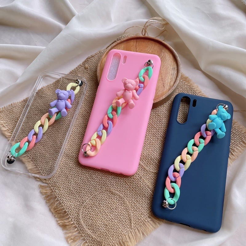 Pastel Bear Chain Case iPhone Oppo Vivo Xiaomi Samsung Realme5 7 6 7i 5i A51 A71 A53 10T 9T F11 PRO