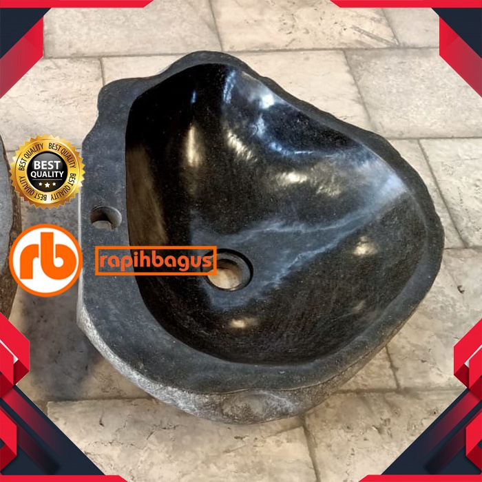 wastafel batu kali plus lobang kran natural glossy alami river stone untuk meja taman rumah toilet k