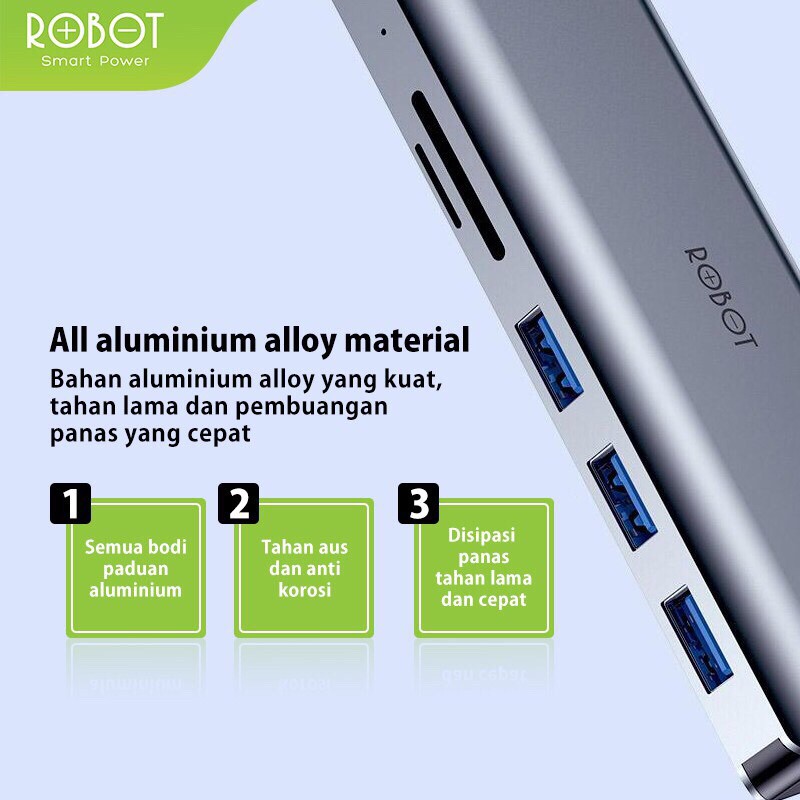 ROBOT - HT370 Multiport 7 in1 USB Type C HUB Adapter Lightweight &amp; Portable Space grey-Garansi 1 Thn