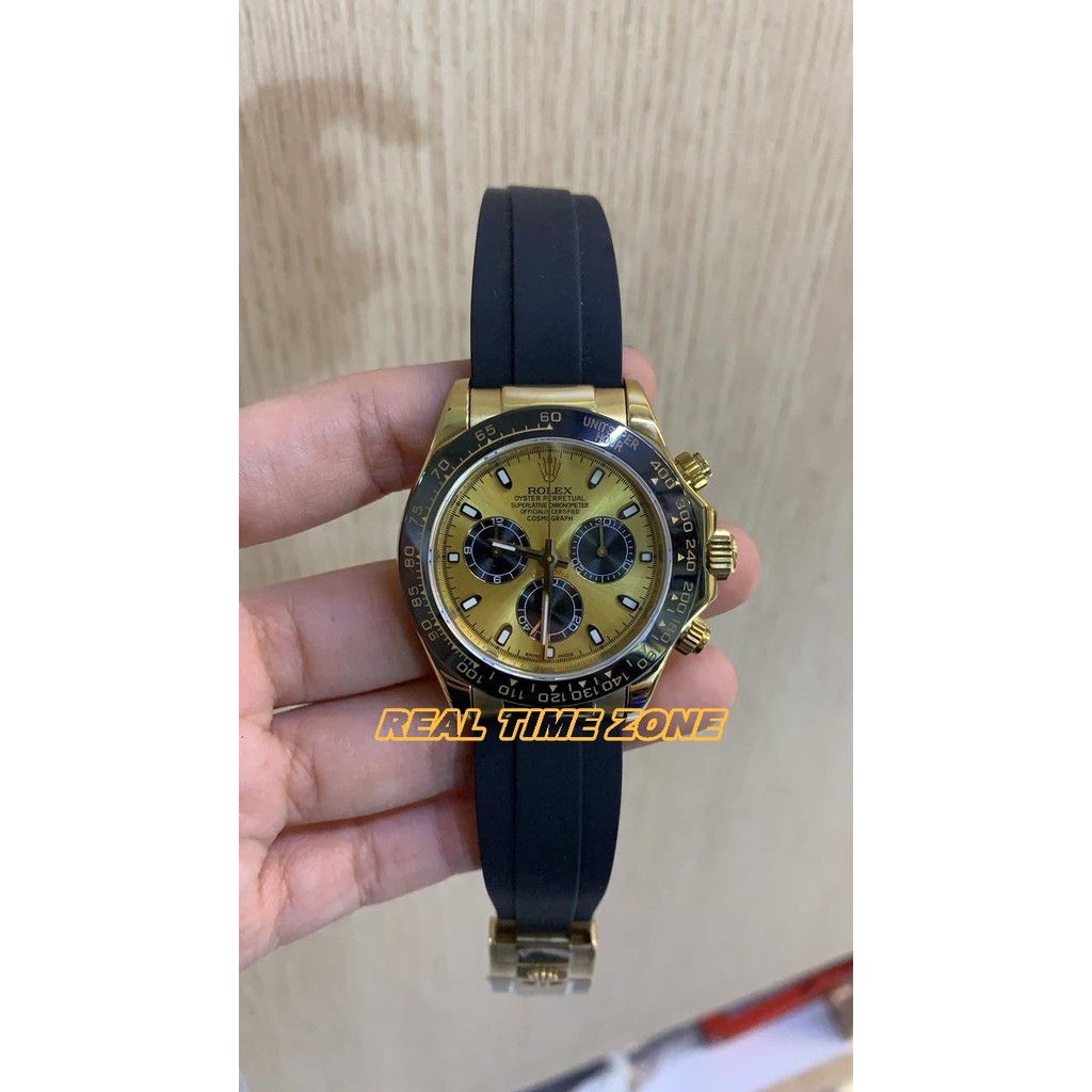 JAM TANGAN REAL ROLEX DAYTONA GOLD SWISS ETA CLONE FACTORY AUTOMATIC RUBBER GARANSI 1TH