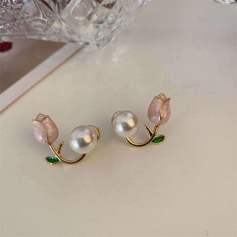 Anting Stud S925 Silver Needle Bentuk Tulip Warna Pink Aksen Mutiara Gaya Korea Untuk Wanita