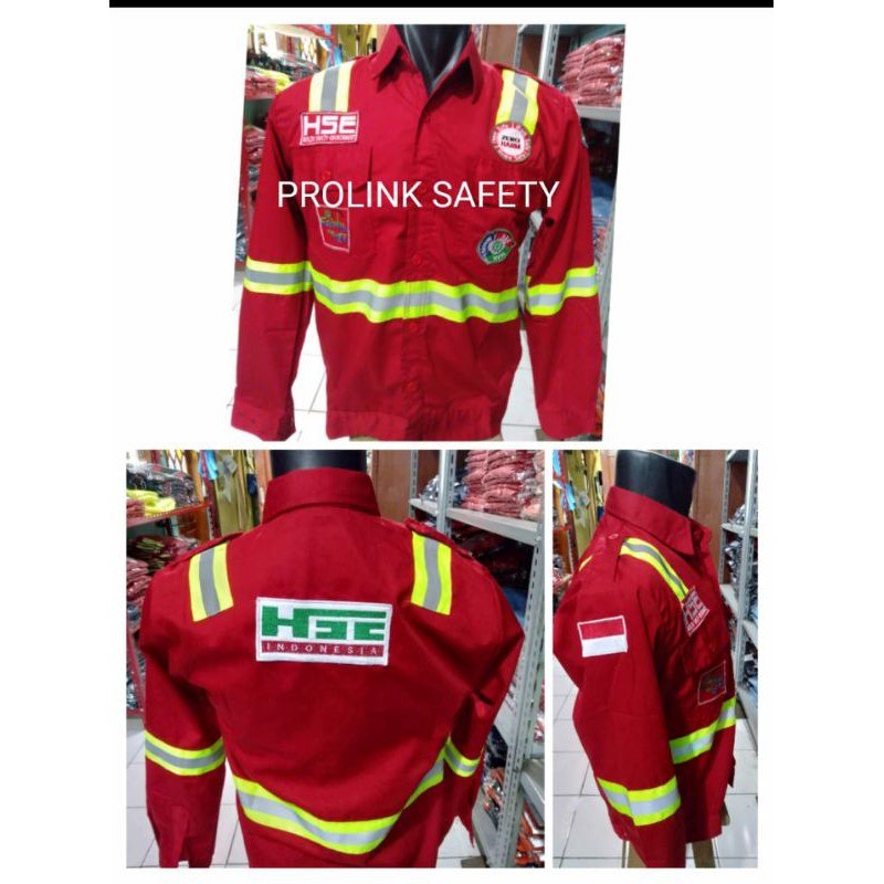 SERAGAM SAFETY HSE FULL LOGO DEPAN DAN PUNGGUNG KANCING MERAH KAIN DRILL ADEM TEBAL