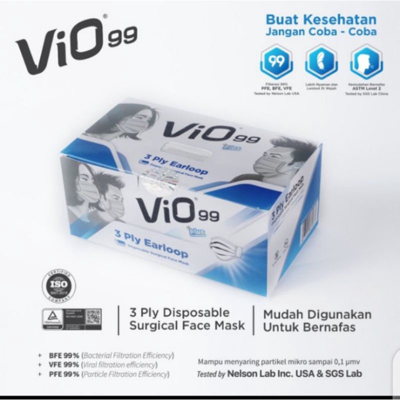 Masker Medis Vio, 50 Pcs, Ada Kemenkes BFE PFE VFE, Filtrasi 99%