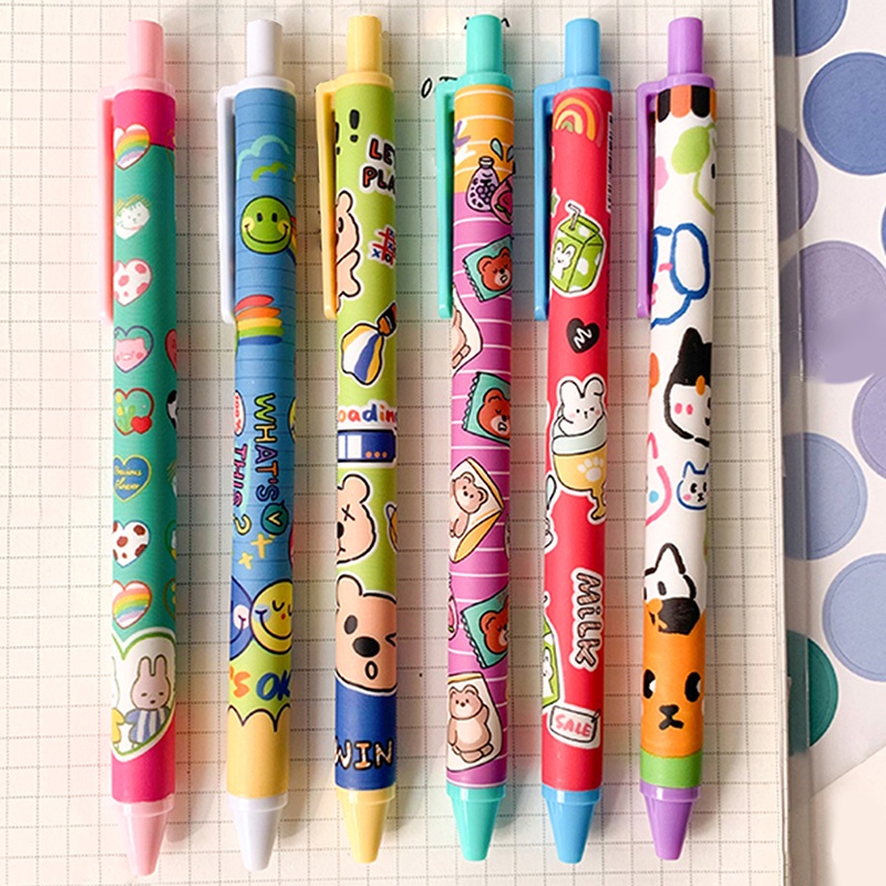 6pcs Pulpen Gel Tinta Hitam 0.5mm Motif Kartun Warna-Warni Untuk Pelajar