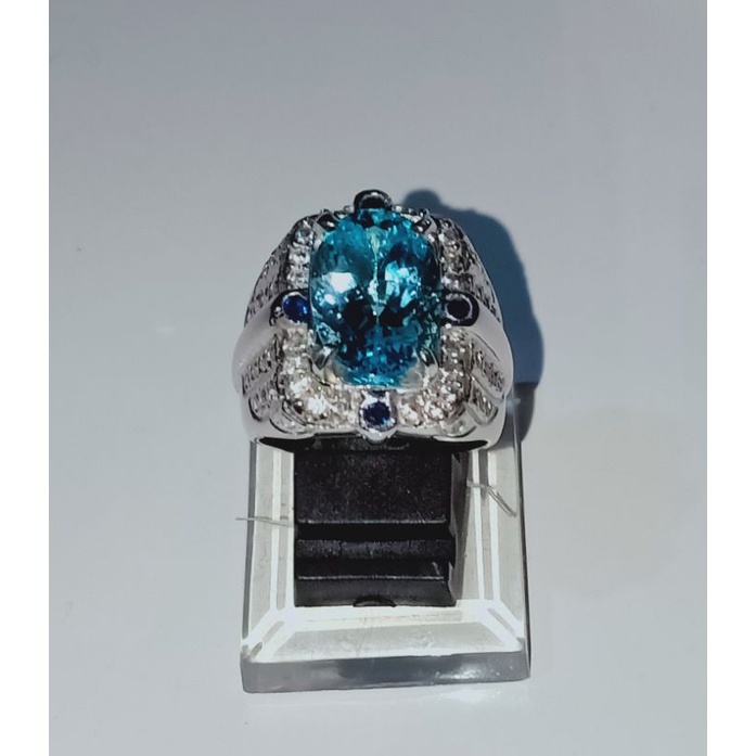 Cincin Perak Asli Mata Natural Batu Permata Aquamarine
