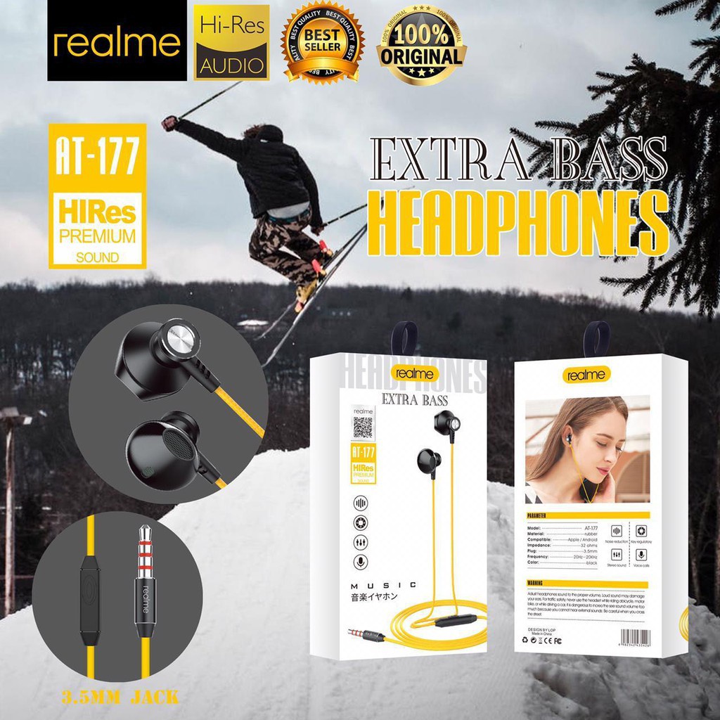 earphone Realme T177 Metal Body stereo bass music telfon headset mic