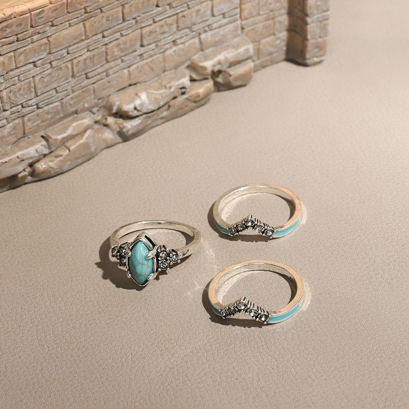 3pcs / Set Cincin Wanita Hias Turquoise Berlian Imitasi Gaya Retro Untuk Pesta Pernikahan / Hadiah