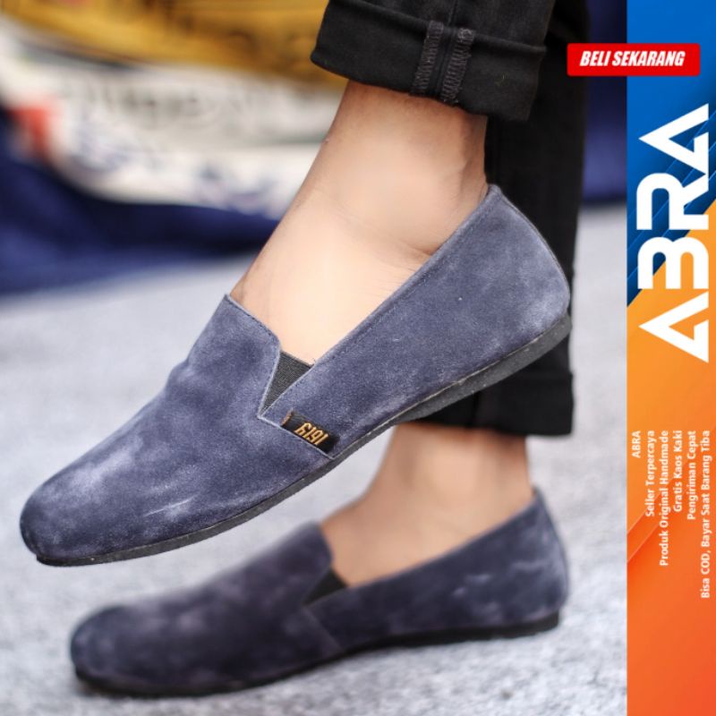 Sepatu Slip On Pria Casual Formal Kulit Suede Kerja Santai Hitam Polos Cord ABRA