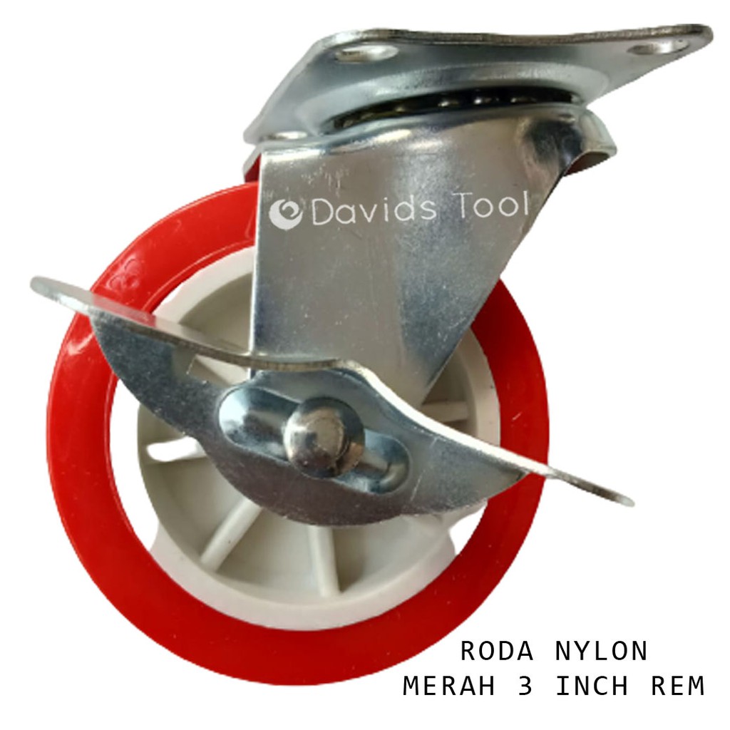 Roda Troli Lemari Ban Gerobak Merah Karet Nilon 3 Inch Rem Single Bearing Set