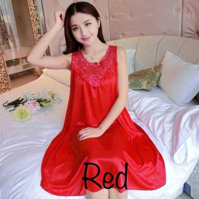 SH210 Baju Tidur Dress Baby Doll Piyama Satin Sutra Motif Happy / Pakaian Tidur Lembut