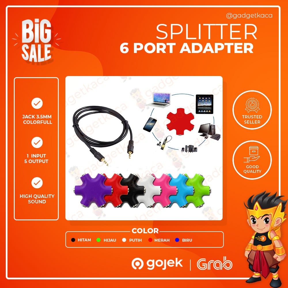 Audio Splitter Sharing 6 Port Adapter Jack 3.5mm 1 Input 5 Output