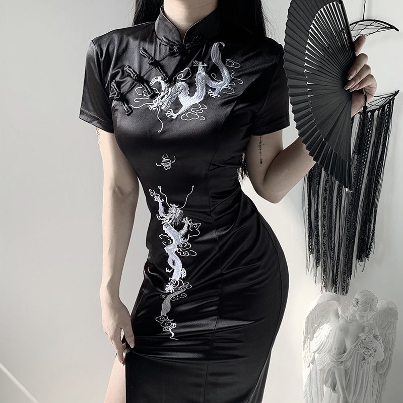 Vintage dragon embroidery high-grade cheongsam new 2021 dress vertical high split improved long skir