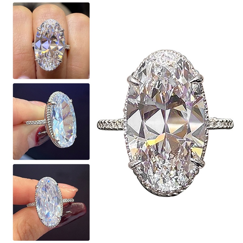 Cincin Kristal Cubic Zirconia Bentuk Oval Besar Warna Silver Untuk Wanita