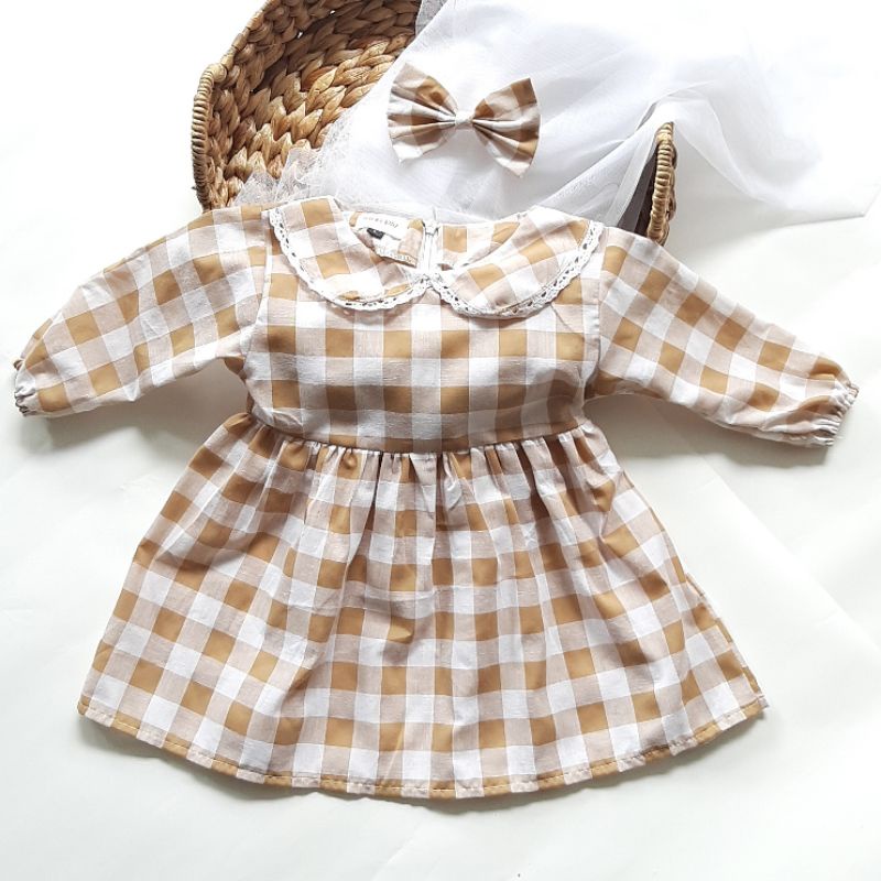 GINGHAM TUNIC DRESS ANAK BAYI BAJU ANAK PEREMPUAN TUNIC BAYI GAMIS ANAK BONNIE DRESS BUTTERNUT-Cream Kotak