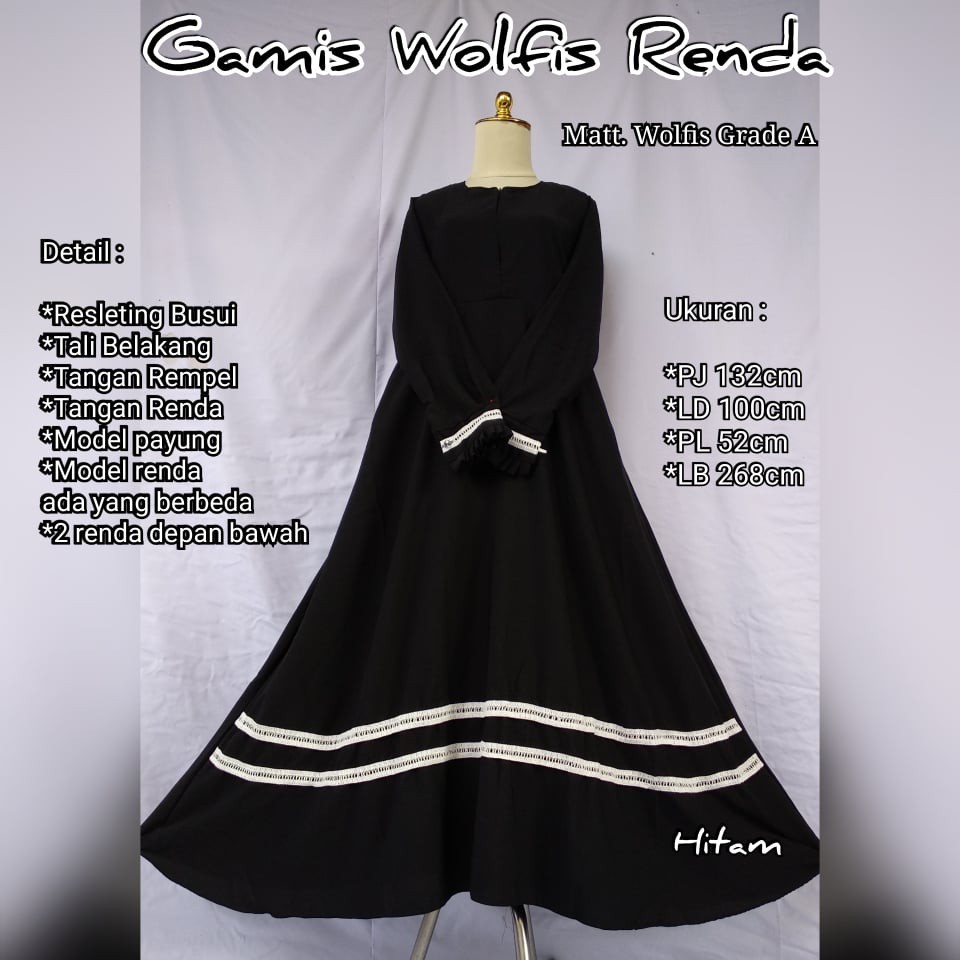 Gamis wolfis polos list variasi renda trendy terkini