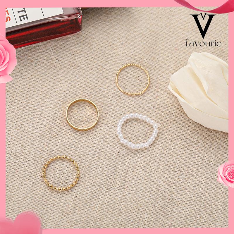 [COD]Korea Wanita Mutiara Cincin Wanita Emas Cincin Logam Set Fashion Perhiasan Aksesoris-FA