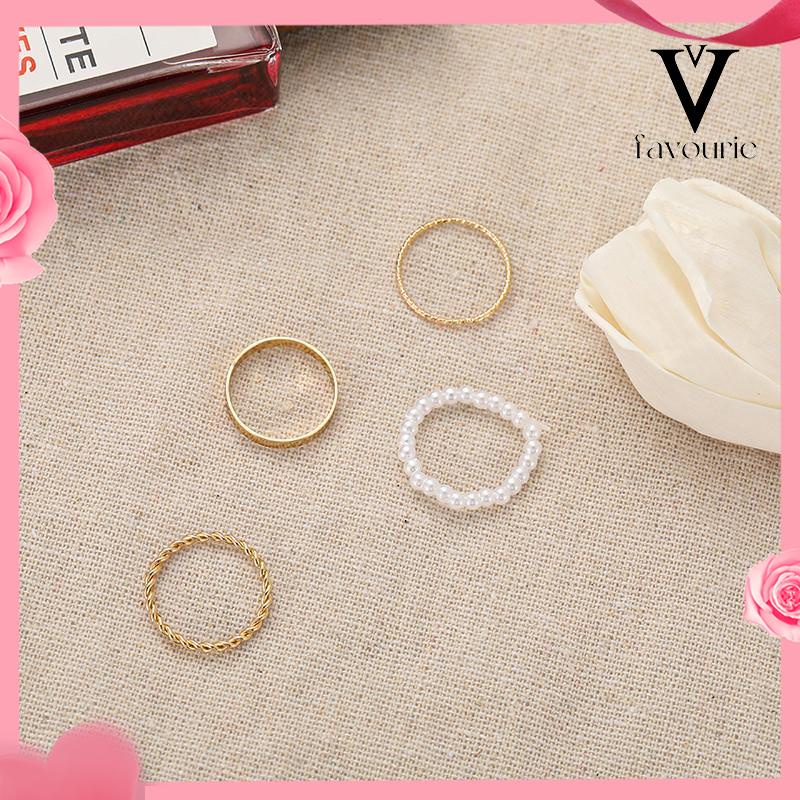 [COD]Korea Wanita Mutiara Cincin Wanita Emas Cincin Logam Set Fashion Perhiasan Aksesoris-FA