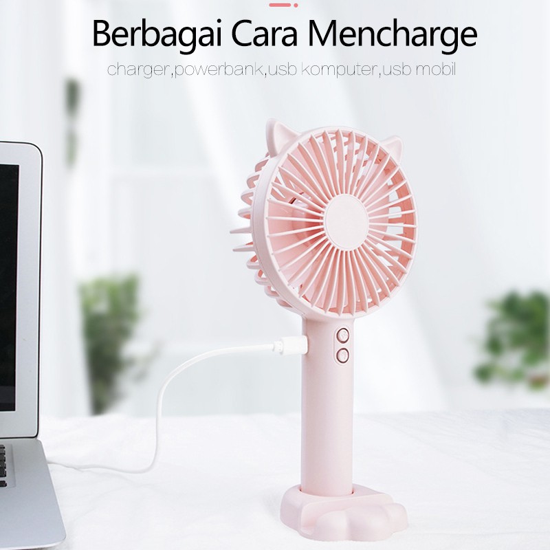 Kipas Angin Mini Portable mini Recharge fan Karakter + Lampu LED 3-Speed Adjustment