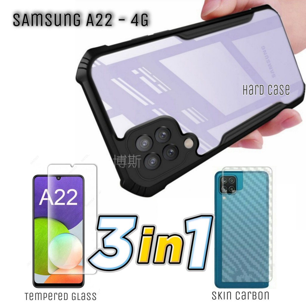 Case Samsung Galaxy A22 4G Paket 3in1 Hard Case Fusion Tempered Glass Layar dan Skin Carbon