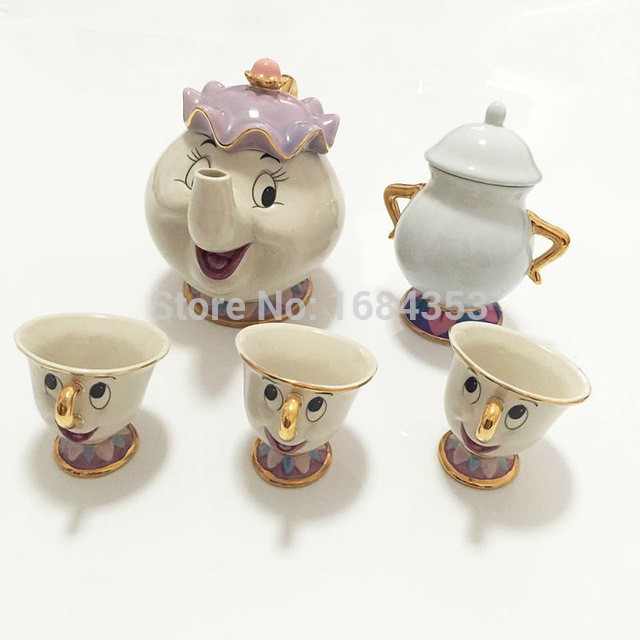 Cartoon Beauty And The Beast Tea Set Mrs Potts Teapot + Chip Cup + Sugar Bowl Coffee Milk Kettle