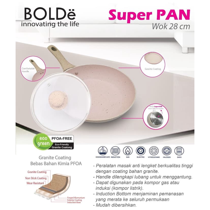 Bolde Super Pan Wok 28cm Wajan Lapisan Granite Anti Lengket Dengan Tutup Kaca