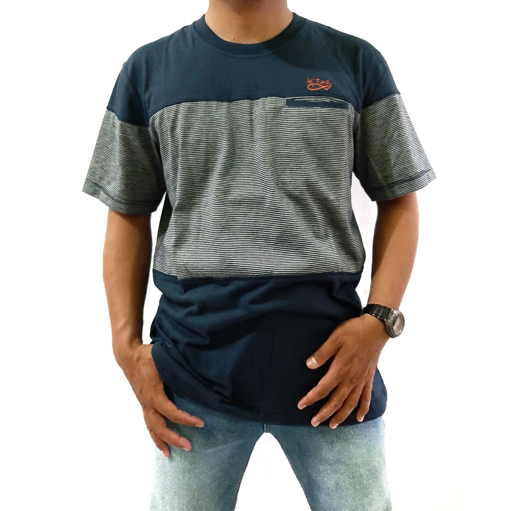 Original Ie Tuna Shirt  Kaos Ie Tuna Kombinasi Salur Katun Kaos Pria Keren Size M L XL