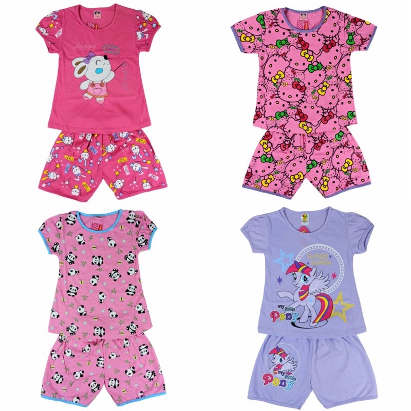 SETELAN KLEPON BAJU ANAK PEREMPUAN 2-7 TAHUN MOTIF RANDOM CELANA PENDEK LENGAN PENDEK