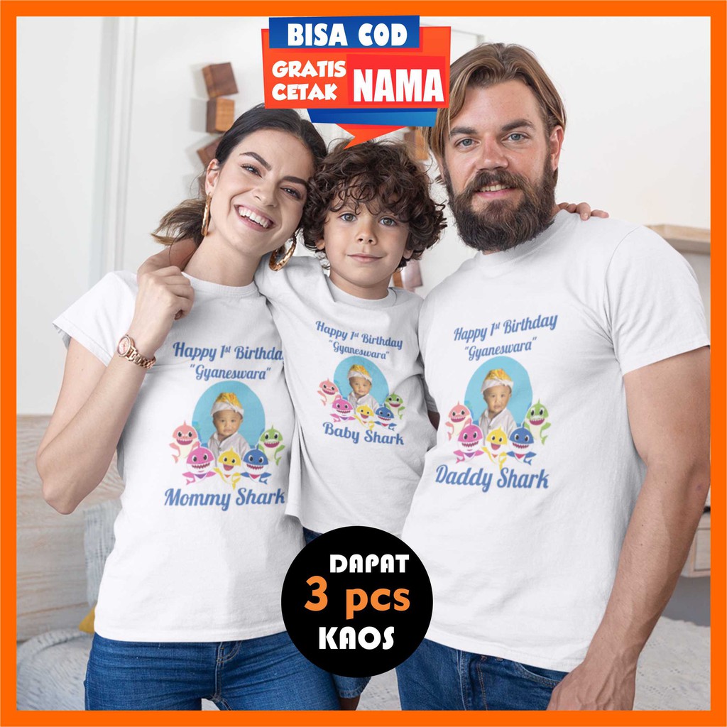 Baju Kaos Couple Keluarga Family Baby Shark dan Foto Anak Gratis Cetak Sablon Tulis Nama Kaos Foto