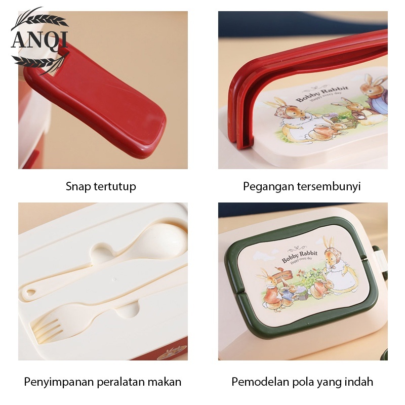 ANQI 1888 2 Susun Portabel Double-Layers Lunch Box Kotak Makan Tahan Bocor Tempat Makan Anak Cute Kotak Makan VS-75