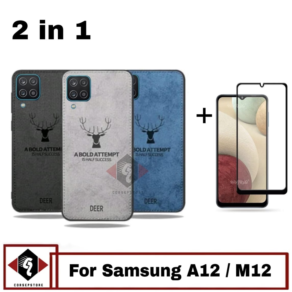 Paket Case Deer Samsung A12 M12 SoftCase Bonus Anti Gores Kca Full Cover list Hitam