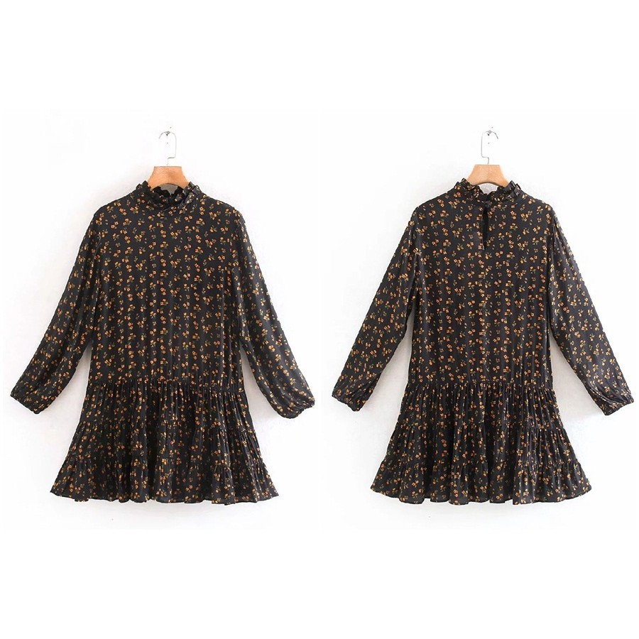 [baju wanita korea]  Mini Dress Bunga Lengan Panjang Wanita Korea Import Tunik