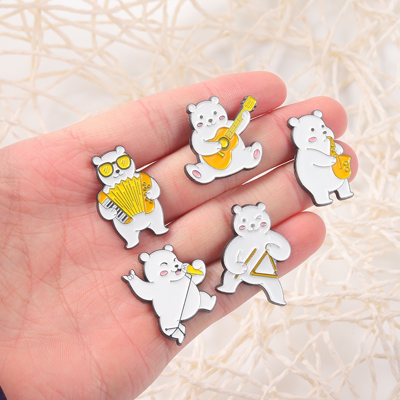 White Bear Animal Cartoon Bear Musical Instrument Enamel Lapel Pins Badge Brooches Jewelry for Backpack Girls Women Clothes