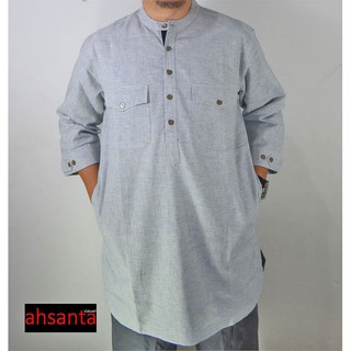 Kurta Koko Premium Ahsanta Putih Garis  Biru Linen Unik  