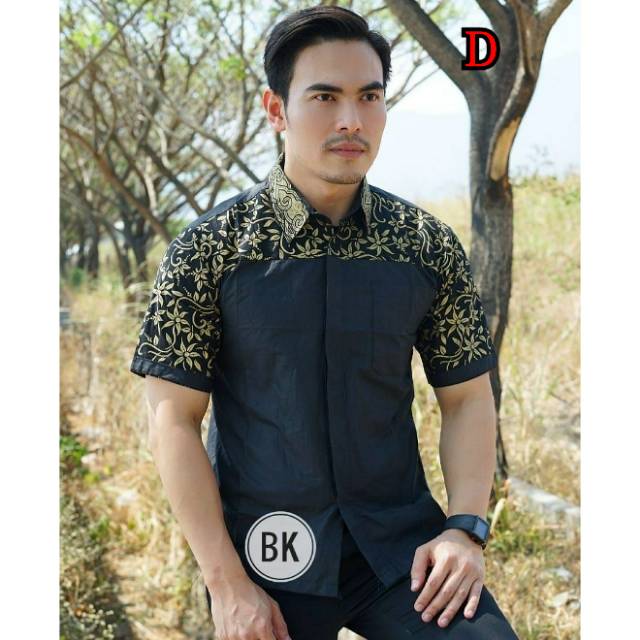 Risna Batik HRB026 kenongo kemeja hem pendek padi pekalongan M L XL MURAH KEREN bati pria wajik biru