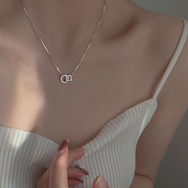 Kalung Rantai Klavikula Liontin Geometris Bahan S925 Silver Gaya Korea Untuk Wanita